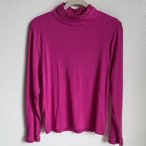 J. Crew Rib Ruffle Mock Turtleneck Long Sleeve Shirt Top, Pink Cotton Blend XXL